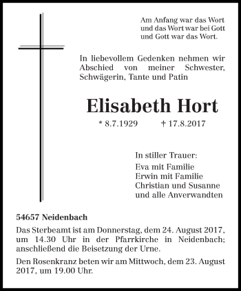 Traueranzeige von Elisabeth Hort von trierischer_volksfreund