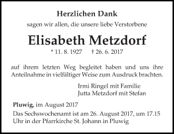 Traueranzeige von Elisabeth Metzdorf von trierischer_volksfreund