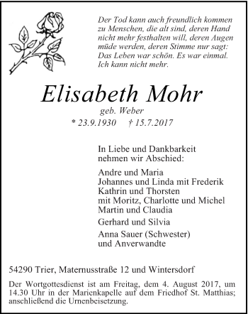 Traueranzeige von Elisabeth Mohr von trierischer_volksfreund