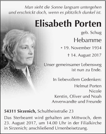 Traueranzeige von Elisabeth Porten von trierischer_volksfreund