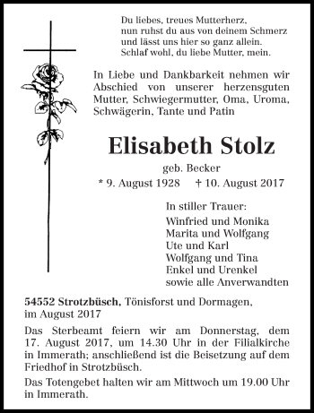 Traueranzeige von Elisabeth Stolz von trierischer_volksfreund