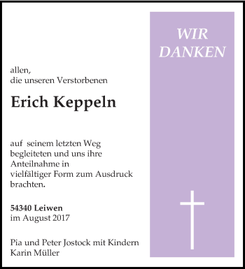 Traueranzeige von Erich Keppeln von trierischer_volksfreund