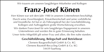 Traueranzeige von Franz-Josef Könen von trierischer_volksfreund