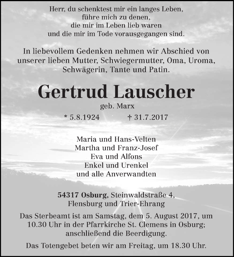  Traueranzeige für Gertrud Lauscher vom 02.08.2017 aus trierischer_volksfreund
