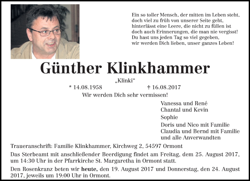 Traueranzeige für Günther Klinkhammer vom 19.08.2017 aus trierischer_volksfreund