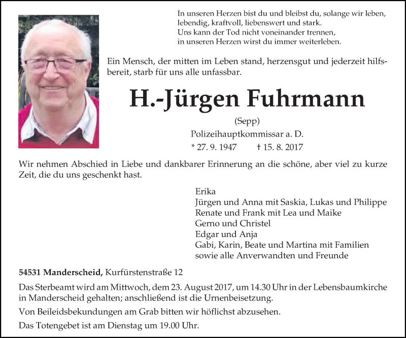  Traueranzeige für H.-Jürgen Fuhrmann vom 19.08.2017 aus trierischer_volksfreund