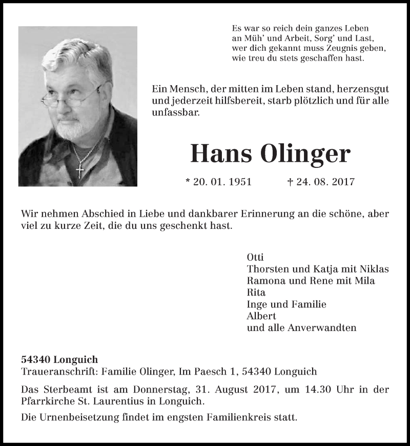 Traueranzeigen von Hans Olinger | Volksfreund.Trauer.de