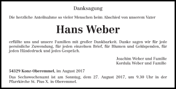 Traueranzeige von Hans Weber von trierischer_volksfreund