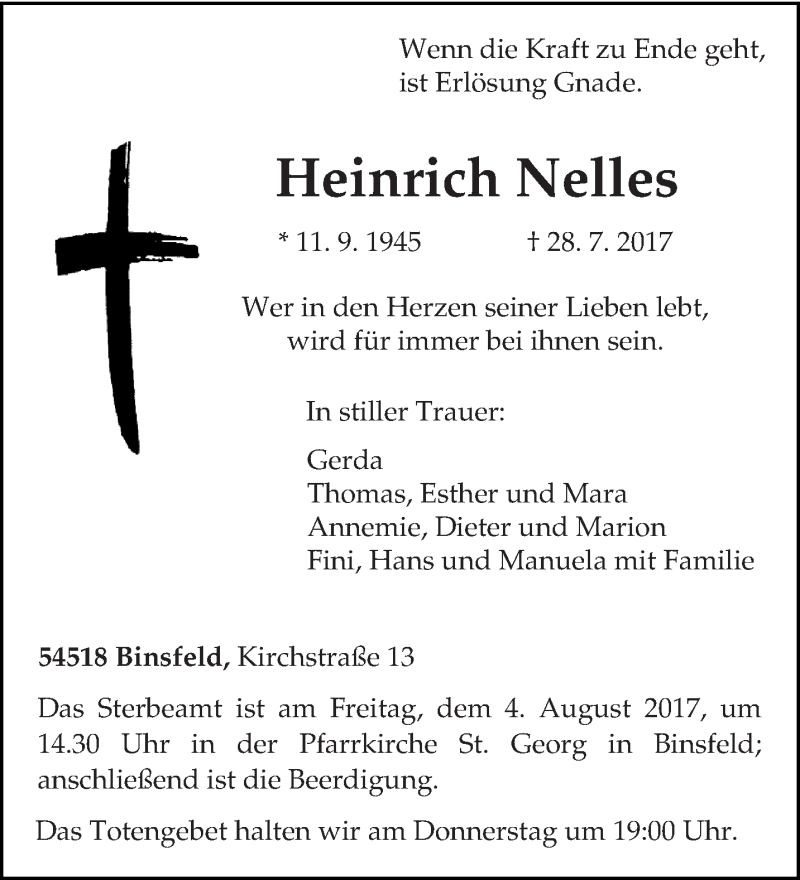  Traueranzeige für Heinrich Nelles vom 01.08.2017 aus trierischer_volksfreund