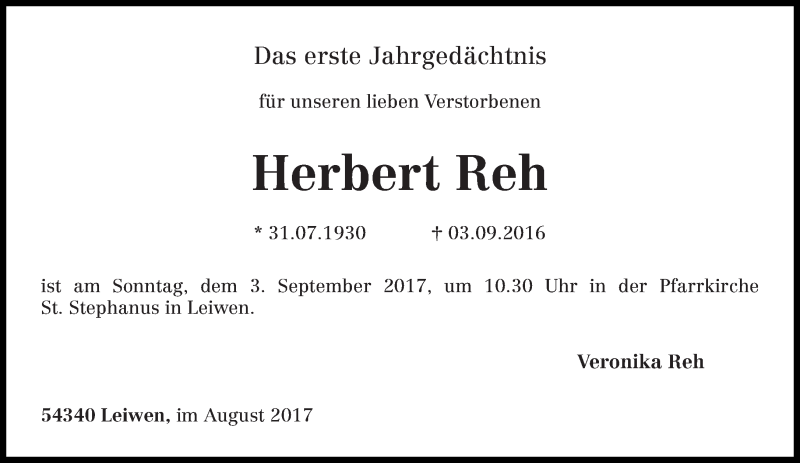  Traueranzeige für Herbert Reh vom 29.08.2017 aus trierischer_volksfreund