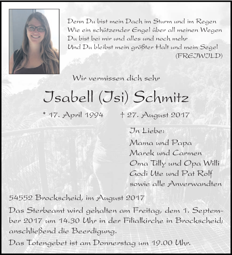  Traueranzeige für Isabell Schmitz vom 30.08.2017 aus trierischer_volksfreund
