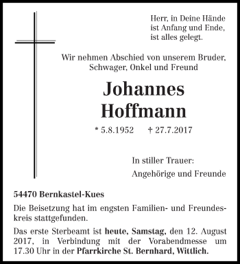 Traueranzeige von Johannes Hoffmann von trierischer_volksfreund