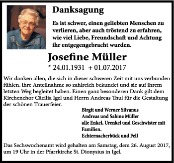 Traueranzeige von Josefine Müller von trierischer_volksfreund