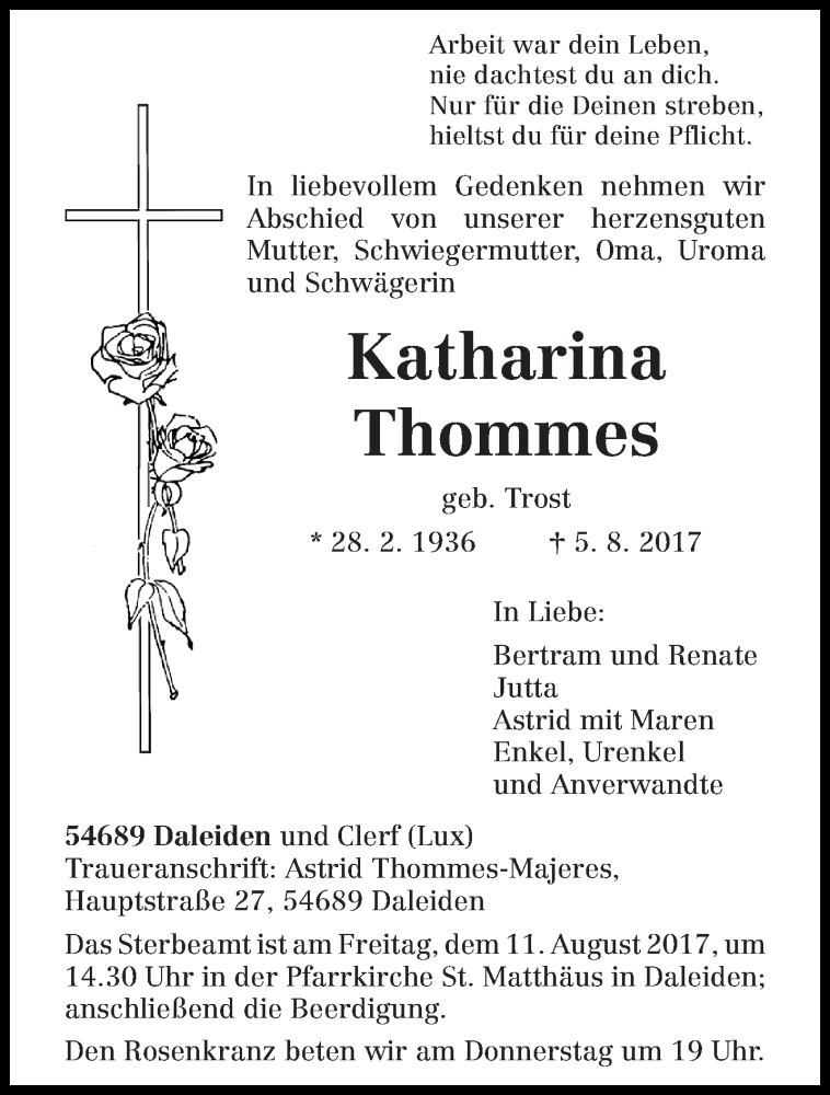  Traueranzeige für Katharina Thommes vom 07.08.2017 aus trierischer_volksfreund