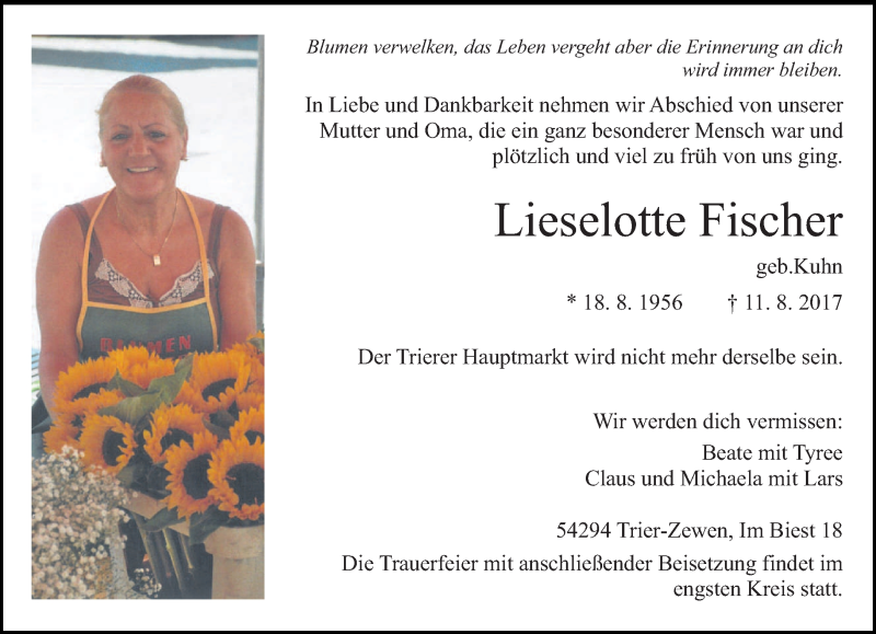  Traueranzeige für Lieselotte Fischer vom 19.08.2017 aus trierischer_volksfreund