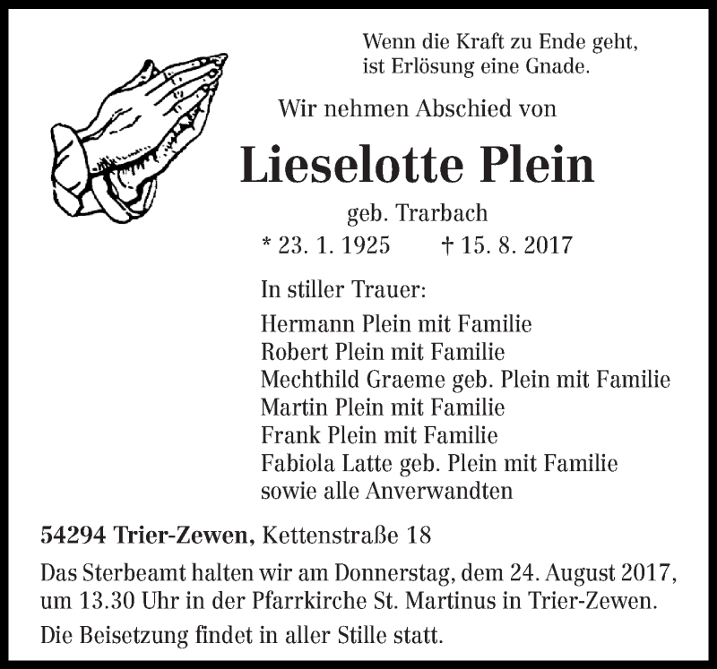  Traueranzeige für Lieselotte Plein vom 19.08.2017 aus trierischer_volksfreund