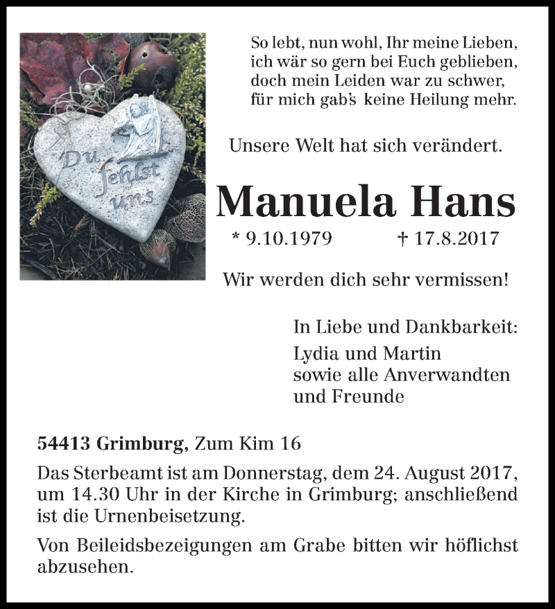  Traueranzeige für Manuela Hans vom 21.08.2017 aus trierischer_volksfreund