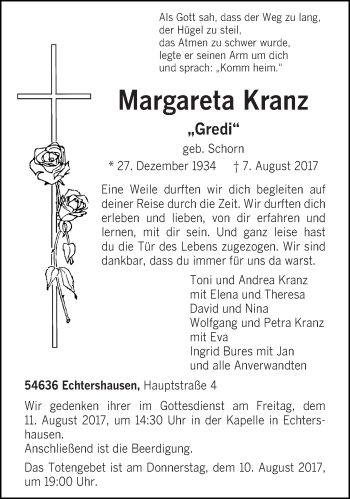 Traueranzeige von Margareta Kranz von trierischer_volksfreund