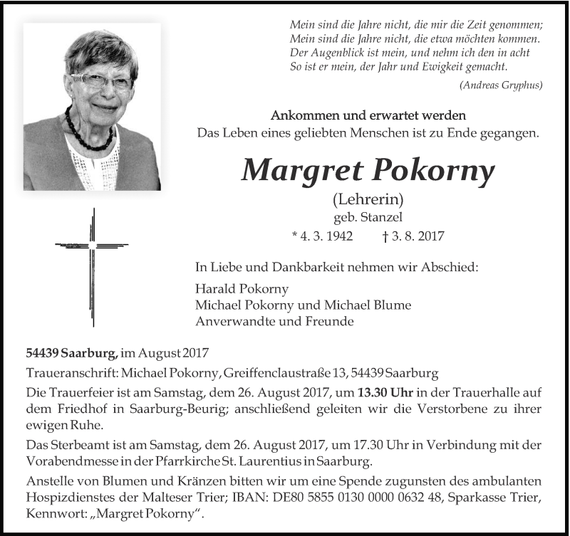  Traueranzeige für Margret Pokorny vom 19.08.2017 aus trierischer_volksfreund