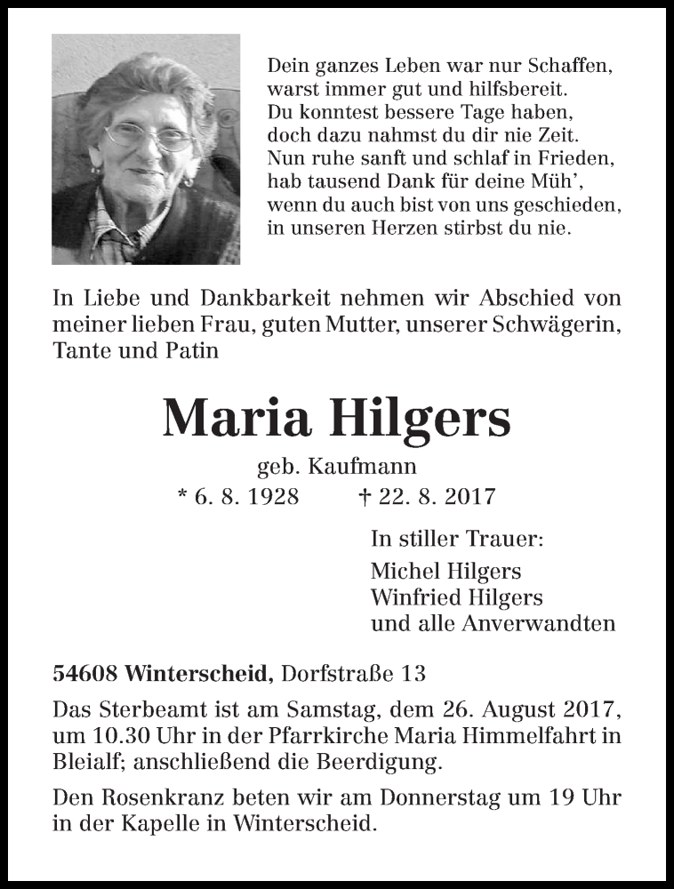  Traueranzeige für Maria Hilgers vom 23.08.2017 aus trierischer_volksfreund