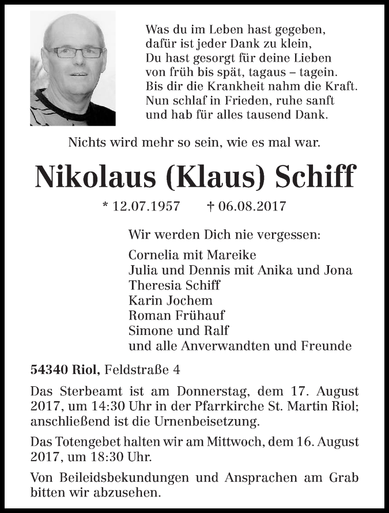  Traueranzeige für Nikolaus  Schiff vom 12.08.2017 aus trierischer_volksfreund