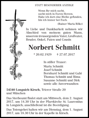 Traueranzeige von Norbert Schmitt von trierischer_volksfreund