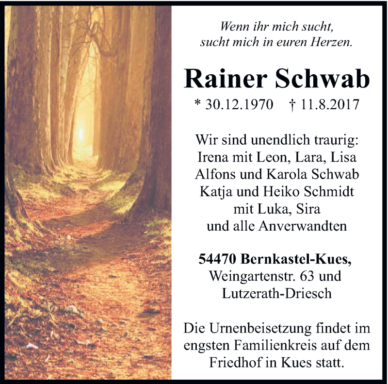  Traueranzeige für Rainer Schwab vom 19.08.2017 aus trierischer_volksfreund