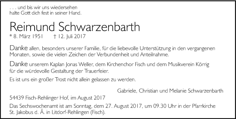  Traueranzeige für Reimund Schwarzenbarth vom 19.08.2017 aus trierischer_volksfreund
