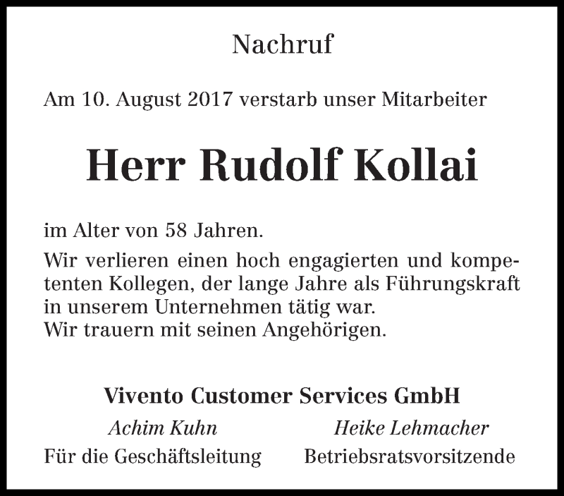  Traueranzeige für Rudolf Kollai vom 19.08.2017 aus trierischer_volksfreund