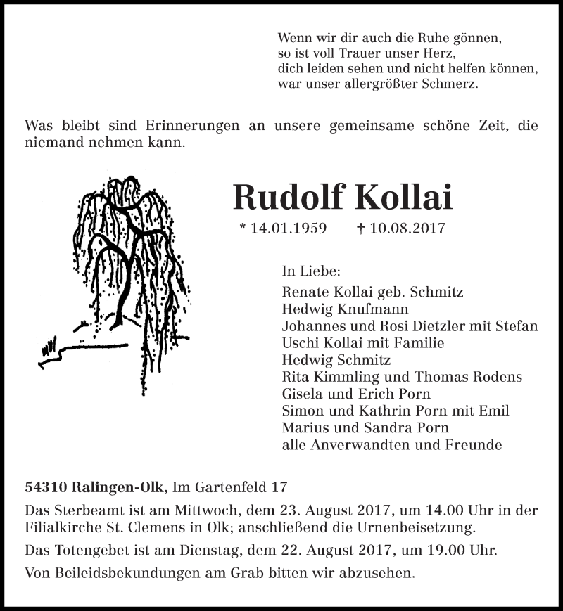  Traueranzeige für Rudolf Kollai vom 19.08.2017 aus trierischer_volksfreund