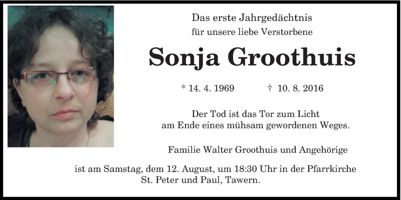  Traueranzeige für Sonja Groothuis vom 10.08.2017 aus trierischer_volksfreund