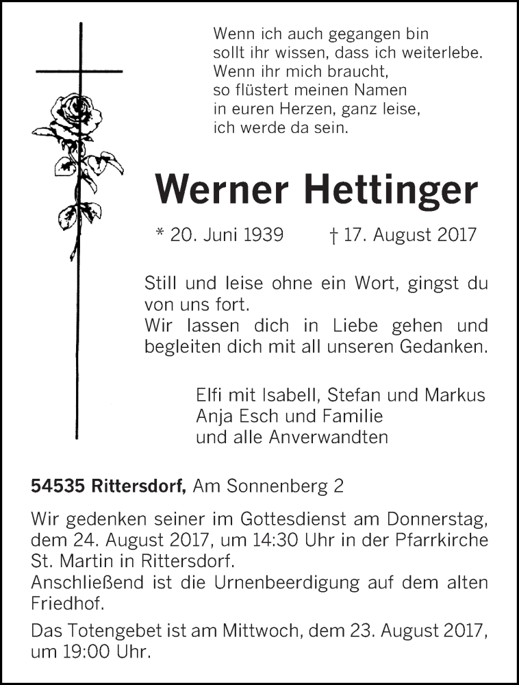  Traueranzeige für Werner Hettinger vom 19.08.2017 aus trierischer_volksfreund