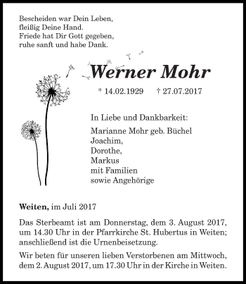 Traueranzeige von Werner Mohr von trierischer_volksfreund