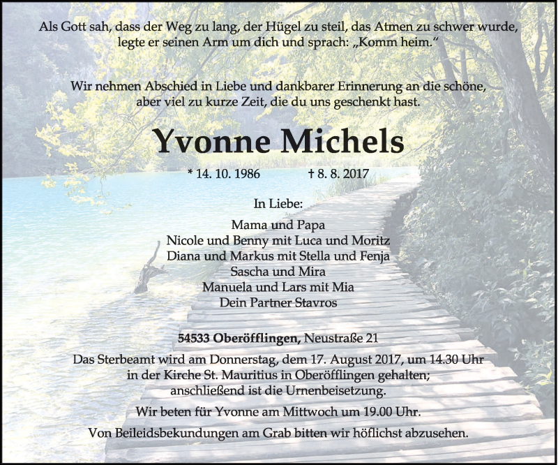  Traueranzeige für Yvonne Michels vom 12.08.2017 aus trierischer_volksfreund