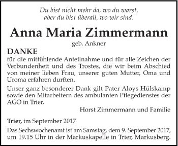 Traueranzeige von Anna Maria Zimmermann von trierischer_volksfreund