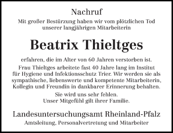 Traueranzeige von Beatrix Thieltges von trierischer_volksfreund