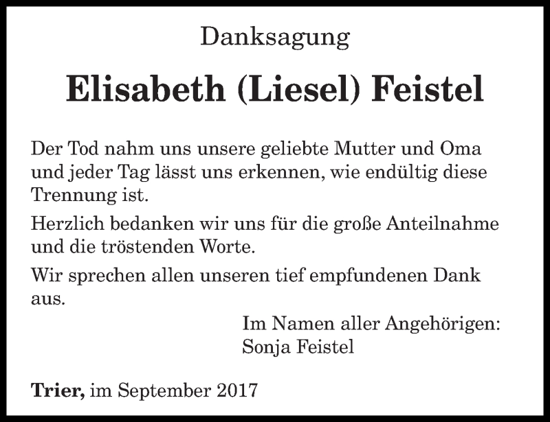  Traueranzeige für Elisabeth Feistel vom 16.09.2017 aus trierischer_volksfreund