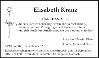 Traueranzeige von Elisabeth Kranz von trierischer_volksfreund