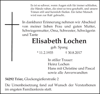 Traueranzeige von Elisabeth Lochen von trierischer_volksfreund