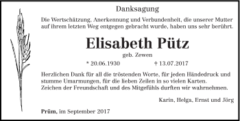Traueranzeige von Elisabeth Pütz von trierischer_volksfreund
