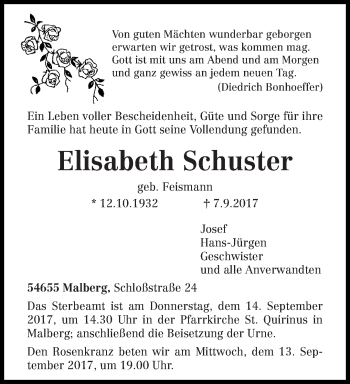 Traueranzeige von Elisabeth Schuster von trierischer_volksfreund
