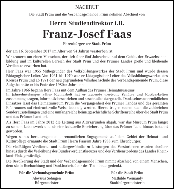 Traueranzeige von Franz-Josef Faas von trierischer_volksfreund