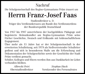 Traueranzeige von Franz-Josef Faas von trierischer_volksfreund