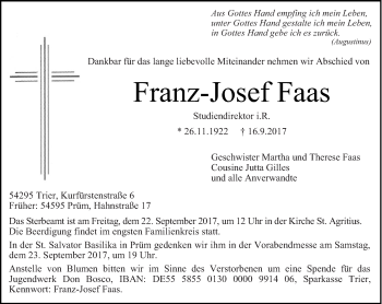 Traueranzeige von Franz-Josef Faas von trierischer_volksfreund