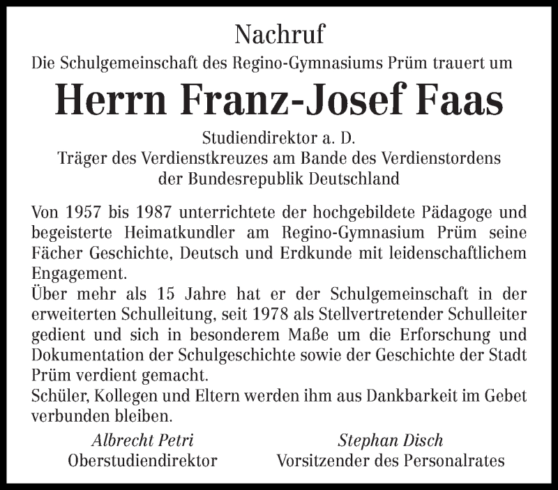  Traueranzeige für Franz-Josef Faas vom 20.09.2017 aus trierischer_volksfreund