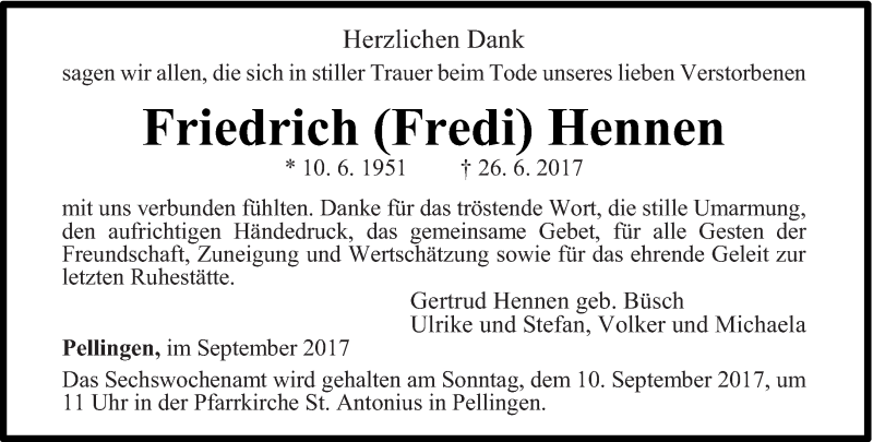  Traueranzeige für Friedrich Hennen vom 02.09.2017 aus trierischer_volksfreund