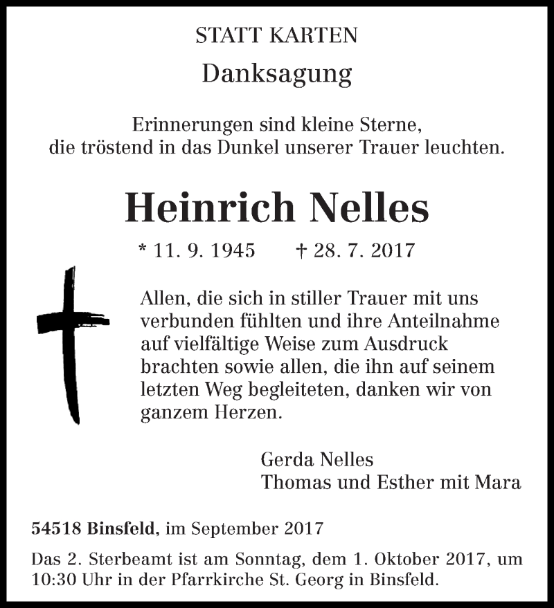  Traueranzeige für Heinrich Nelles vom 22.09.2017 aus trierischer_volksfreund