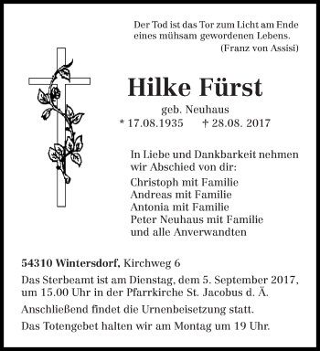 Traueranzeige von Hilke Fürst von trierischer_volksfreund