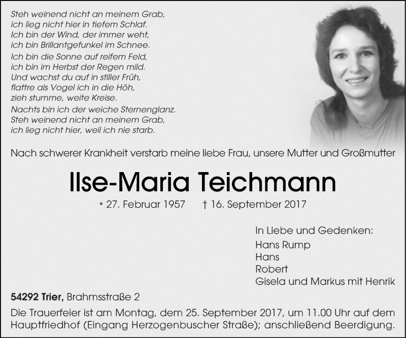  Traueranzeige für Ilse-Maria Teichmann vom 21.09.2017 aus trierischer_volksfreund