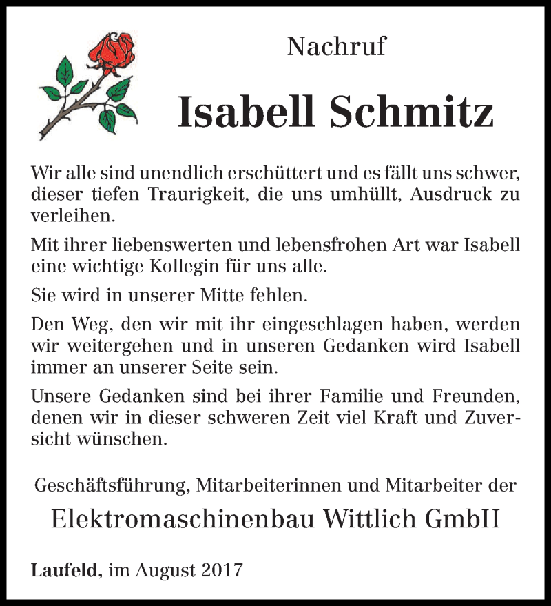  Traueranzeige für Isabell Schmitz vom 31.08.2017 aus trierischer_volksfreund